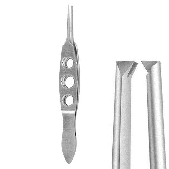 Bishop Harmon Tissue Forceps, 0.3mm, 0.5mm and 0.8mm, 1×2 Teeth, Flat Handle with Hole Pattern, Length 8.6cm