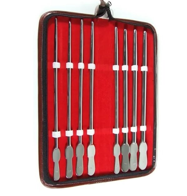 Dittel Dilating Bougies, Van Buren Dilators, Hegar Uterine, Urethral Sounds, Straight, Set of 8, Sizes. 18 to 32 French, 30cm