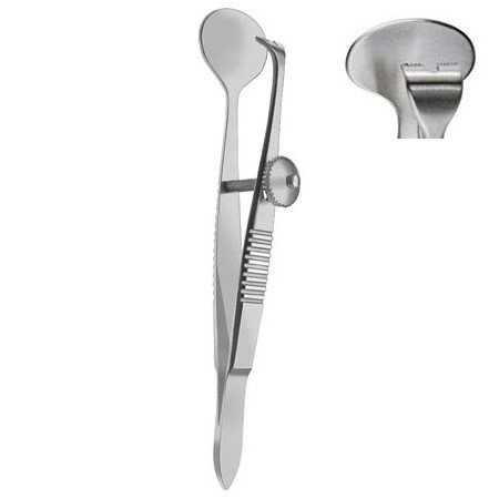 Erhardt Lid Forceps, Serrated Upper Jaw 9mm wide, 14mm oval lower plate, Stainless Steel, 9.5cm