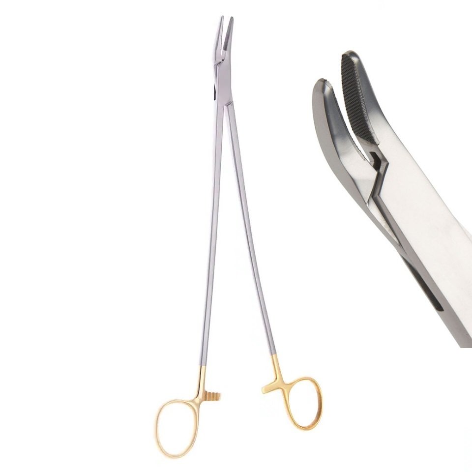 Finochietto Needle Holder, Serration Pitch 0.5mm for Suture Size 5 to 4/0, Angled, 26.5cm