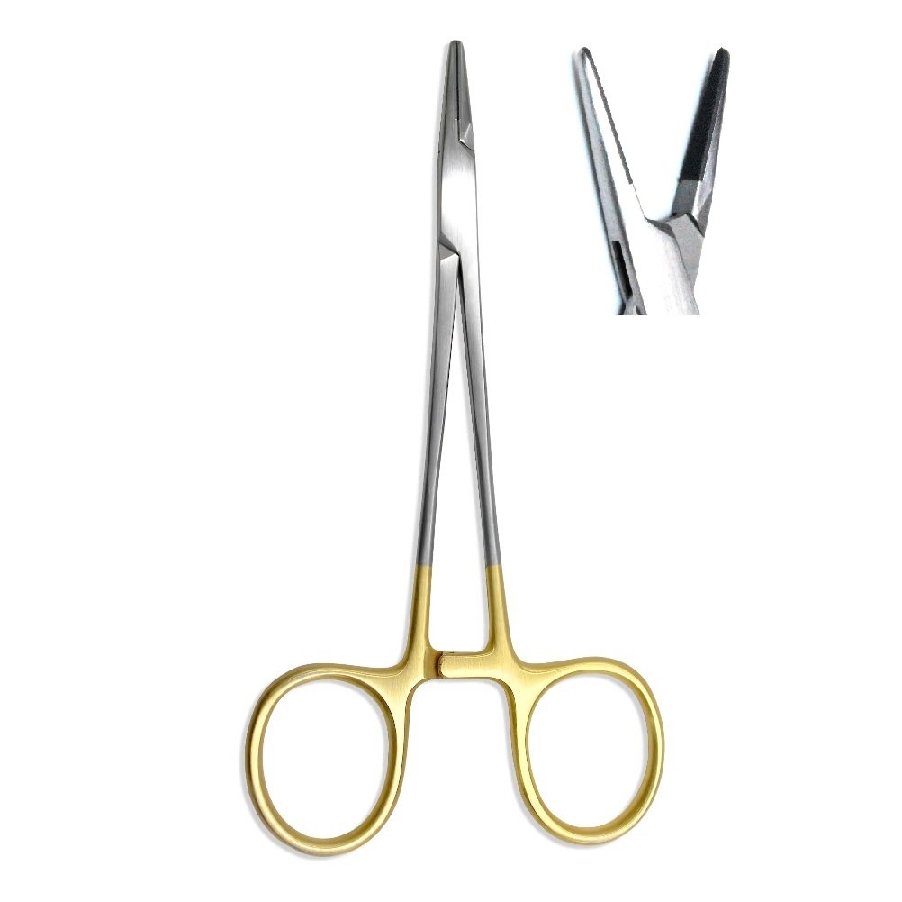 Halsey Needle Holder, Tungsten Carbide Jaws, Serrated, Straight, 13cm