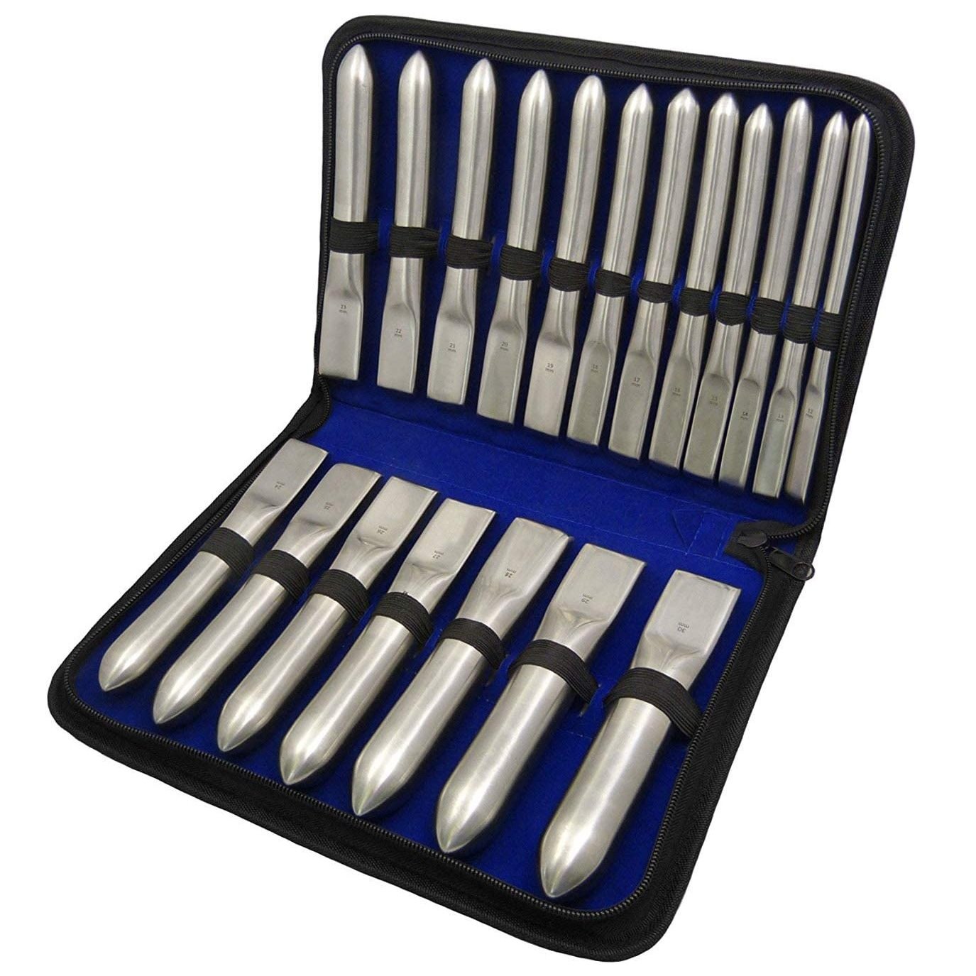 Hegar Sounds, Uterine Dilators, Single Ended, Set of 19 pieces, in pouch, Sizes. 12mm to 30mm Diameter