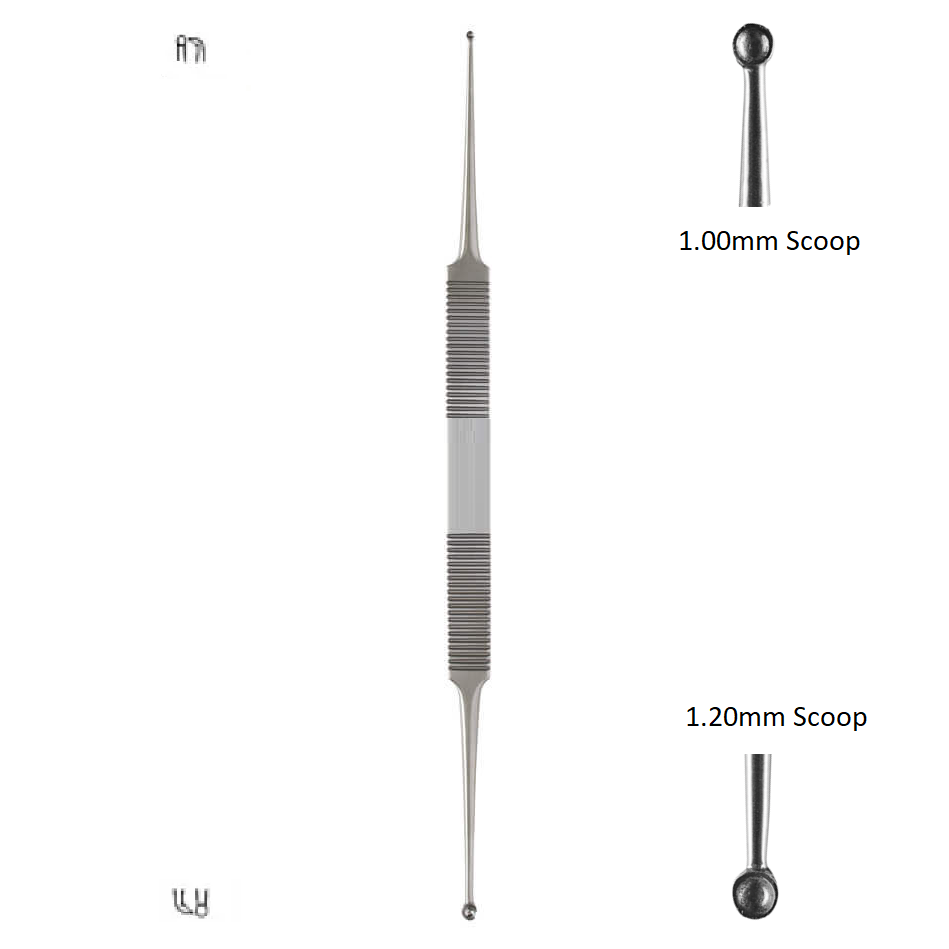 House Curette, Double Ended, One end 1.0, other end 1.2mm Oval Cups, (Full Curved), 18cm