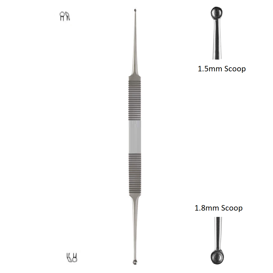 House Curette, Double Ended, One end 1.5, other end 1.8mm Oval Cups, (Semi Curved), 18cm