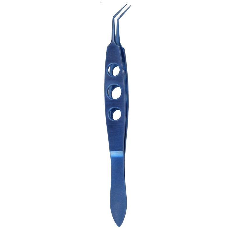 Kelman McPherson Tying Forceps, 7.5mm smooth tying platform, 45° Degree angled Tip, Tungsten Carbide Tip, Anodized, Titanium, 10cm