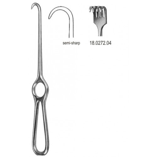 Kocher Retractor, 4 Prongs, Semi Sharp, 22cm