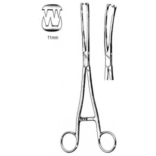 Museux Vulsellum Forceps, Curved, Blunt Jaws, 3×3 Teeth, 11mm, 26cm