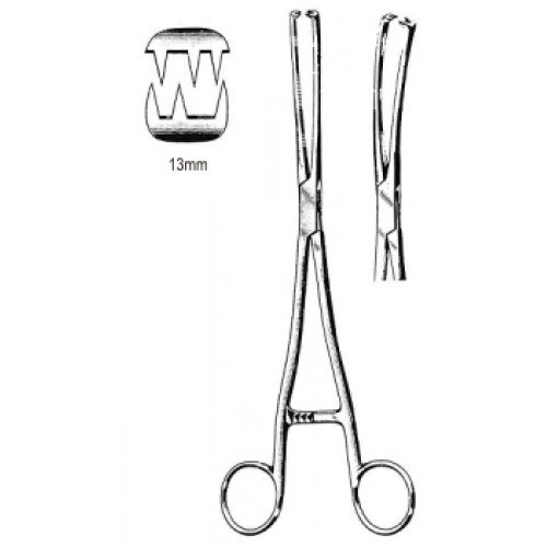 Museux Vulsellum Forceps, Curved, Blunt Jaws, 3×3 Teeth, 13mm, 26cm