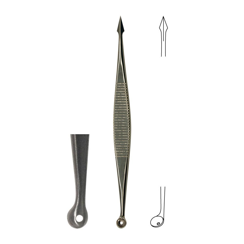 Saalfeld Comedone Extractor, one Fenestrated Cup and Curved Lancet with Cap,  Double Ended, Sharp and Round, 11cm and 14cm