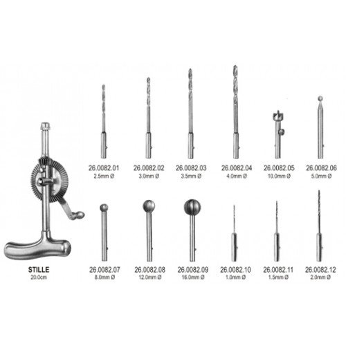 Stille Bone Hand Drill 20cm complete with 12 burrs/drills