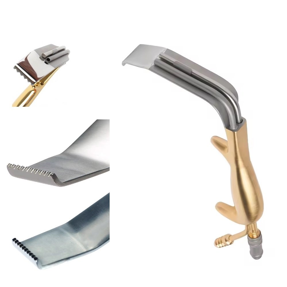 Tebbetts Breast Plastic Surgery Retractor with Teeth End, Fiber Optic Light Guide and Suction Tube, Blade Size 16mm x 70mm, 18.5cm
