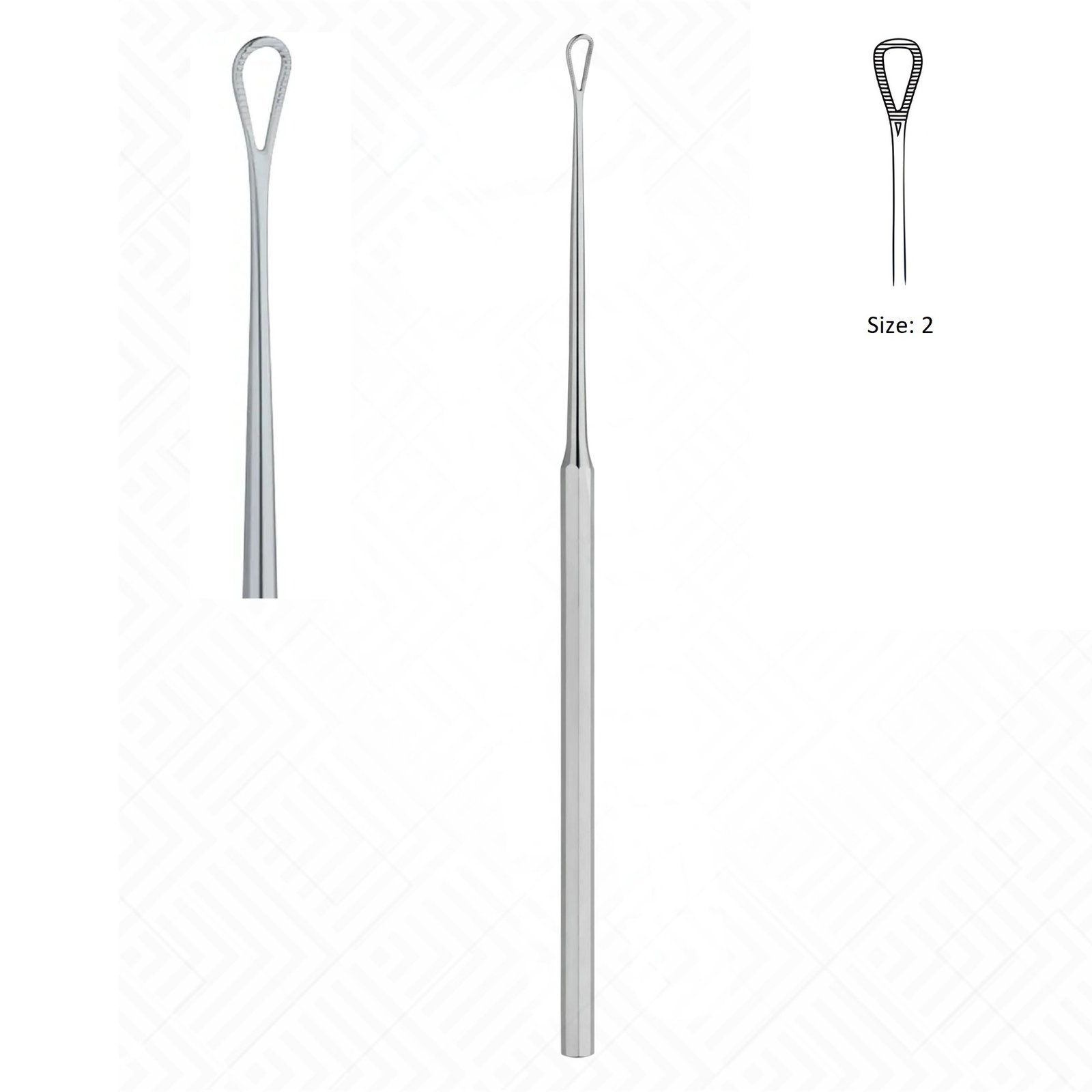 Weber Loch Ear Loop Curette, Serrated, Size No. 2, Working end 4mm x 6.5mm, Length 15 to 17cm